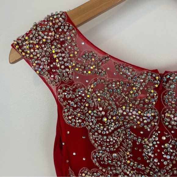 STUNNING Red Alyce Paris Formal Bedazzled Maxi Prom Dress sheer back size 00 - Picture 16 of 16